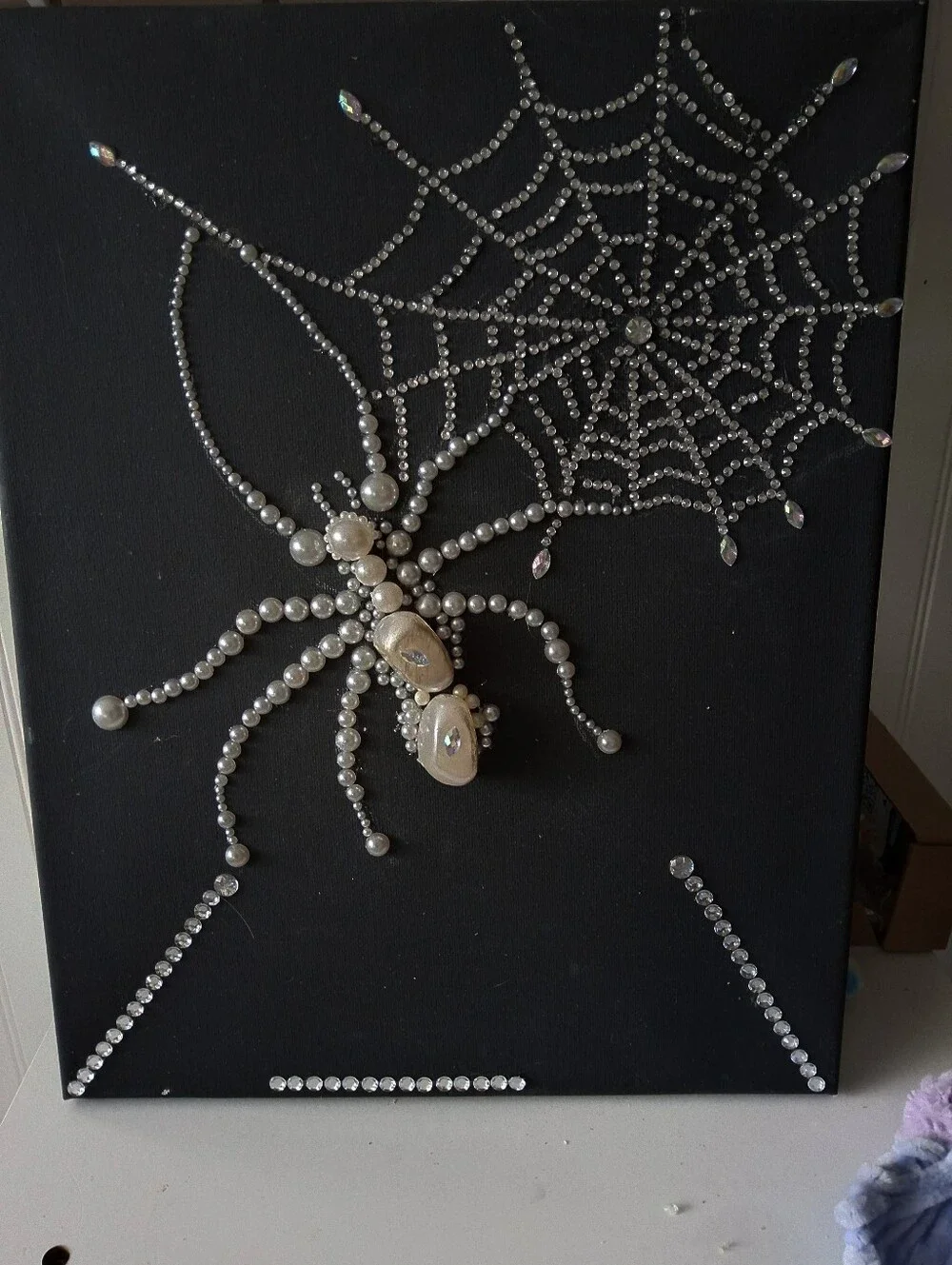 Hand Made And Designed Crystal Pearl Spider Wall Art - Black 11x 14
